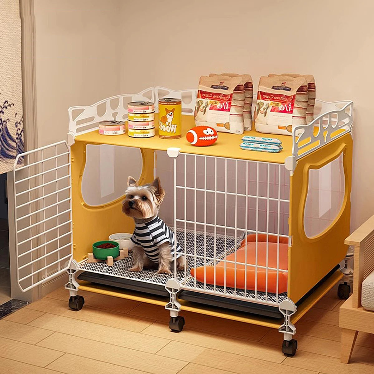 Dog Cage with Tray & Warm Bed – Small Dog Kennel for Pomeranian, Teddy, Bichon, with Separate Toilet for Autumn & Winter
