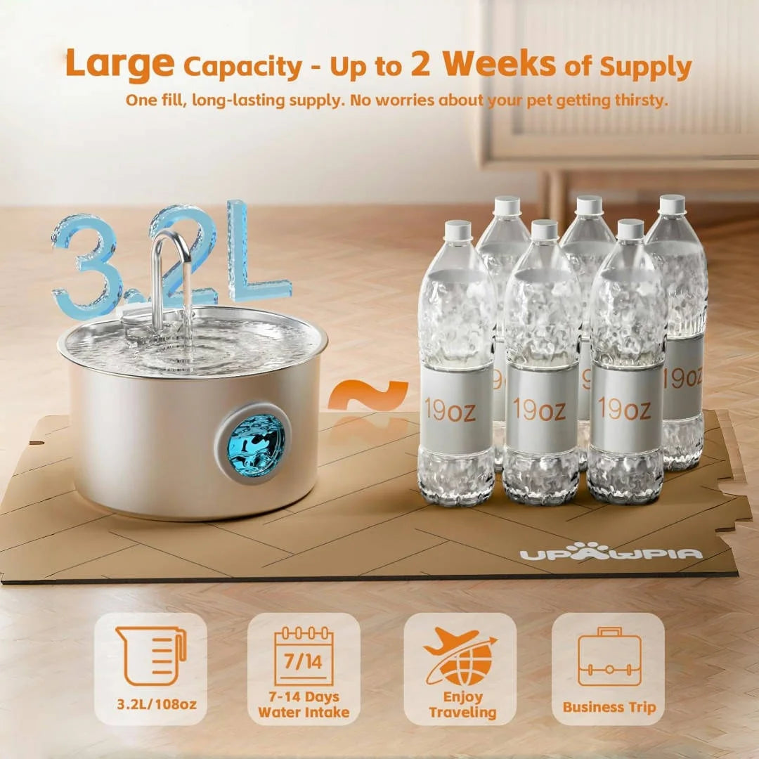 108oz Stainless Steel Cat Water Fountain – Automatic Pet Drinking Fountain with Replaceable Filters for Cats & Small Dogs