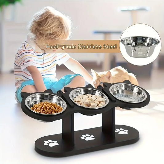 3-Bowl Elevated Pet Feeder Stand – Adjustable 15° Tilt Wooden Cat & Dog Feeding Station with Stainless Steel Bowls