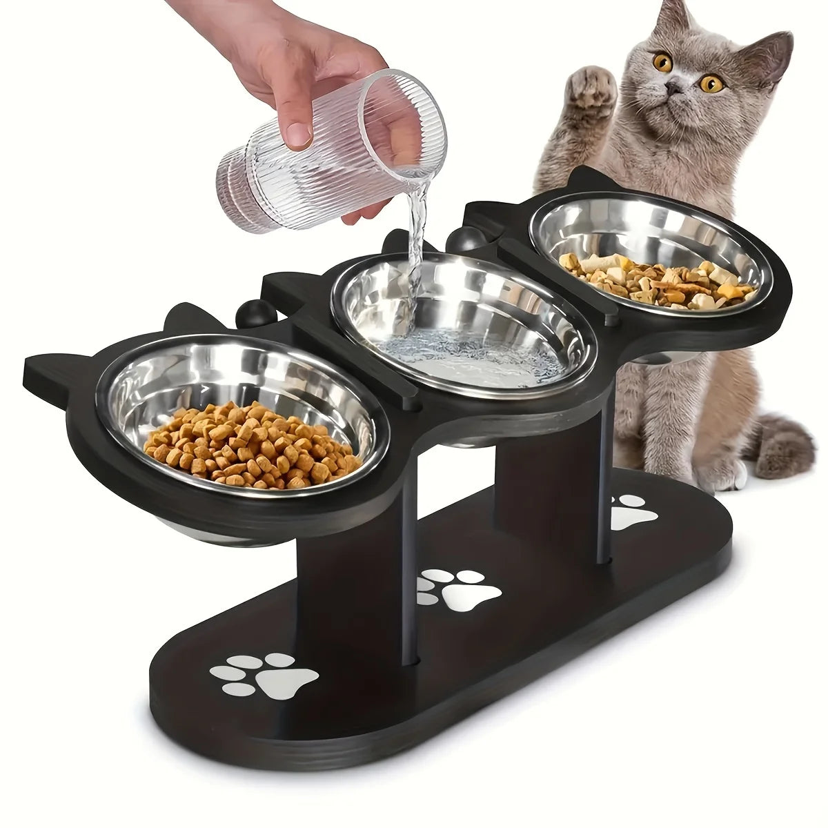 3-Bowl Elevated Pet Feeder Stand – Adjustable 15° Tilt Wooden Cat & Dog Feeding Station with Stainless Steel Bowls