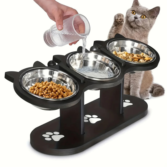 3-Bowl Elevated Pet Feeder Stand – Adjustable 15° Tilt Wooden Cat & Dog Feeding Station with Stainless Steel Bowls